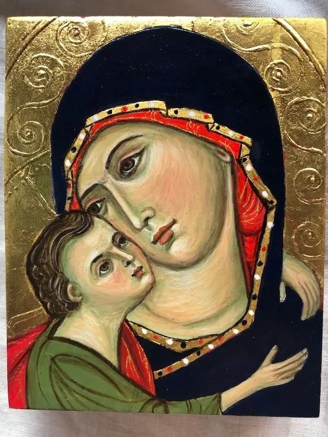 Madonna and Child of Lovingkindness. (2024) (Close-up). Egg tempera painting on aged Cedar wood, with engraved gesso, and raised pastiglia under 23 karat gold leaf. (Inspired by Madonna and Child, Rimini, c.1320). 
 12cm x 9.5 cm x 3.5cm. Stands alon