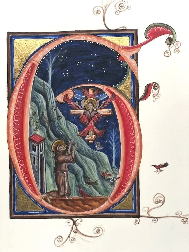 The Stigmatization of St Francis of Assisi. (2026).
Egg glair tempera painting with sepia ink and 23 karat gold leaf on Arches Hot Press watercolour paper 300gms.  
A4 Size.