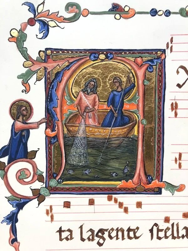 The Calling of St Andrew (in an initial A). 
Inspired by a 14th c. Florentine choir book by the Master of the Dominican Effigies.
(Based on Matthew 4: 18-20). 
Egg glair tempera painting with 23 karat gold leaf and sepia ink on Arches Hot Press paper