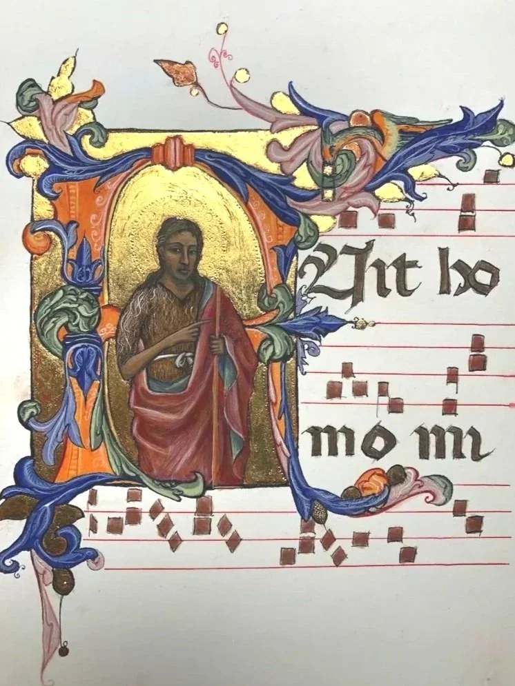 St John the Baptist, in an historiated initial F (Fuit homo 'There was a man...'): Egg glair tempera, 23 karat tooled gold leaf and sepia ink, on Arches Hot Press watercolour paper.
Inspired by a Florentine Choir book, 14th c. (A4)