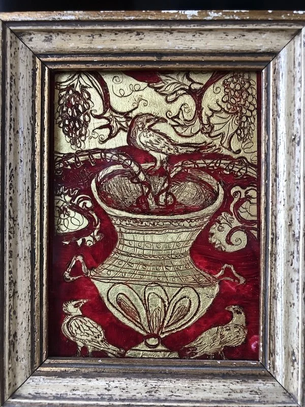 Fountain of Eternal Life (2020): Based on mosaic detail, Ravenna, 6th c. 15 x 12cm includes frame.