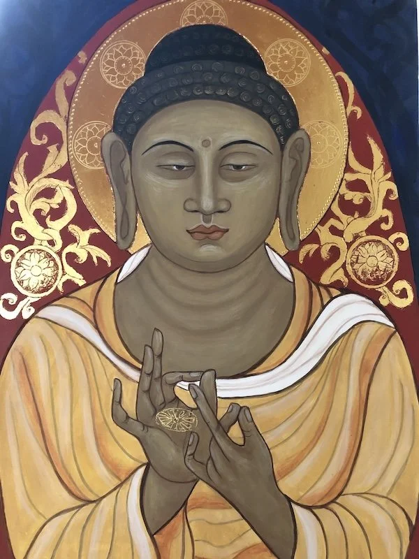 The Buddha (2023): On aged European Cypress wood with egg tempera painting and 23 karat gold leaf with punchwork and sgraffito decoration. (Inspired by Japanese wall painting 9th c. Nara). 38 x 27 x 2.5cm.