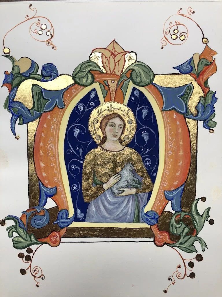 Illuminated manuscript-style illustration on paper of St Agnes with her Lamb, withinthe framework of an Initial A(gnese) for the Latin chant on the feast of St Agnes.