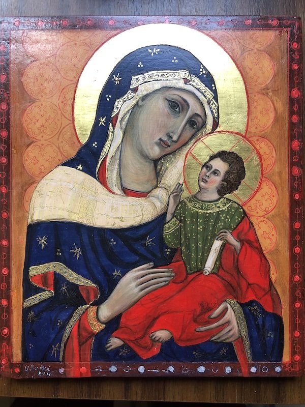 Madonna and Child: 
On four-ply wood, 23 Karat gold leaf with sgraffito and gold assist decoration. 25 x 21 x 1cm.