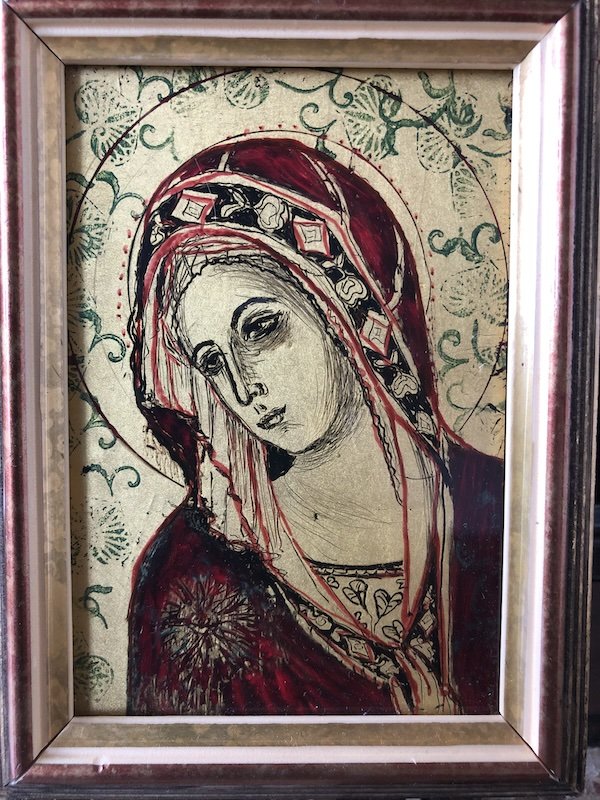 Madonna in Prayer (2023): Verre Eglomise with Hanko stamp. 15 x 11cm