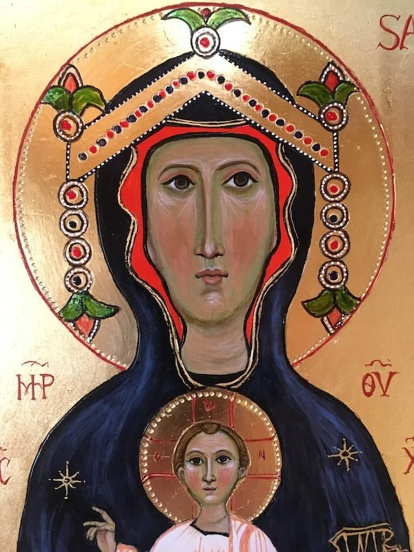 Seat of Wisdom - Sedes Sapientia (2021): Egg tempera painting with decorated 23 karat gold leaf on aged Cypress wood. 
SOLD.   Available for commission. 