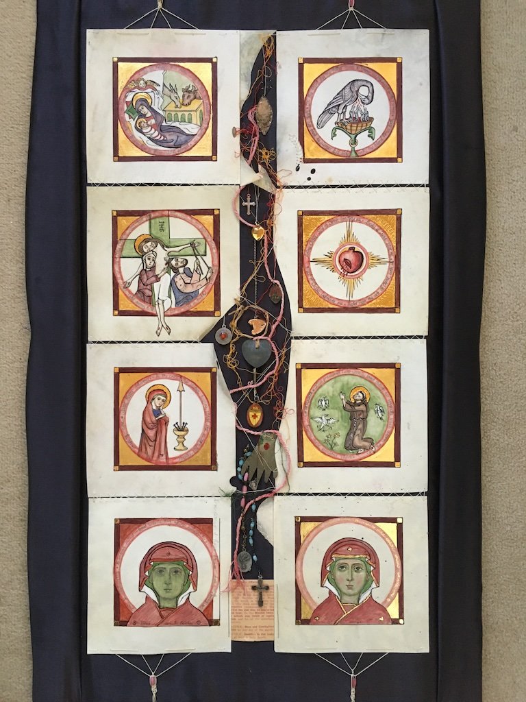Transforming Wounds (2021): On eight 15cm x 15cm squares of Wallaby parchment, egg glair tempera, 23 karat gold leaf, silk thread, ex-votos, rosary beads. Framed. 74 x 47 x 4cm. Not for sale.