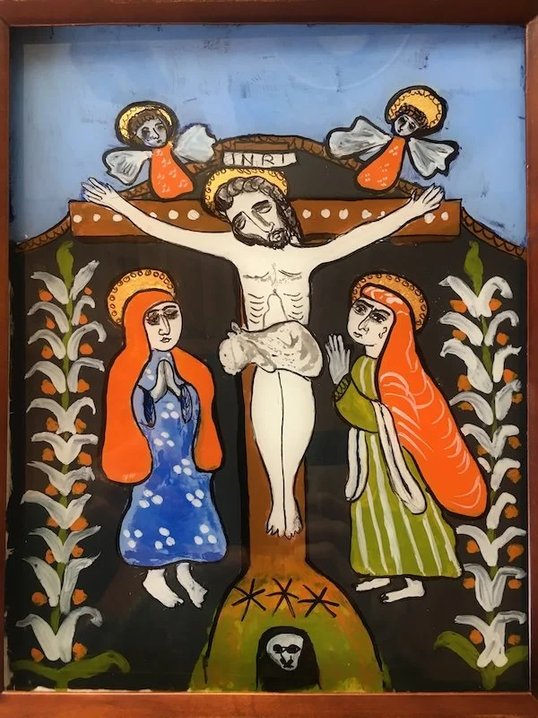 The Crucifixion (2022): Inspired by a work in a Polish wooden church (18th C) in the Tathra Mountains. SOLD. Available for commission.