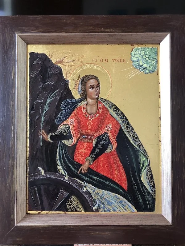 St Catherine of Alexandria (2011): Egg tempera painting with sgraffito in 23 karat gold leaf on Pine wood. (Prototype: S. Giorgio dei Greci, c.1600, Venice). Professionally framed. Frame incl: 39 x 33 x 3cm.