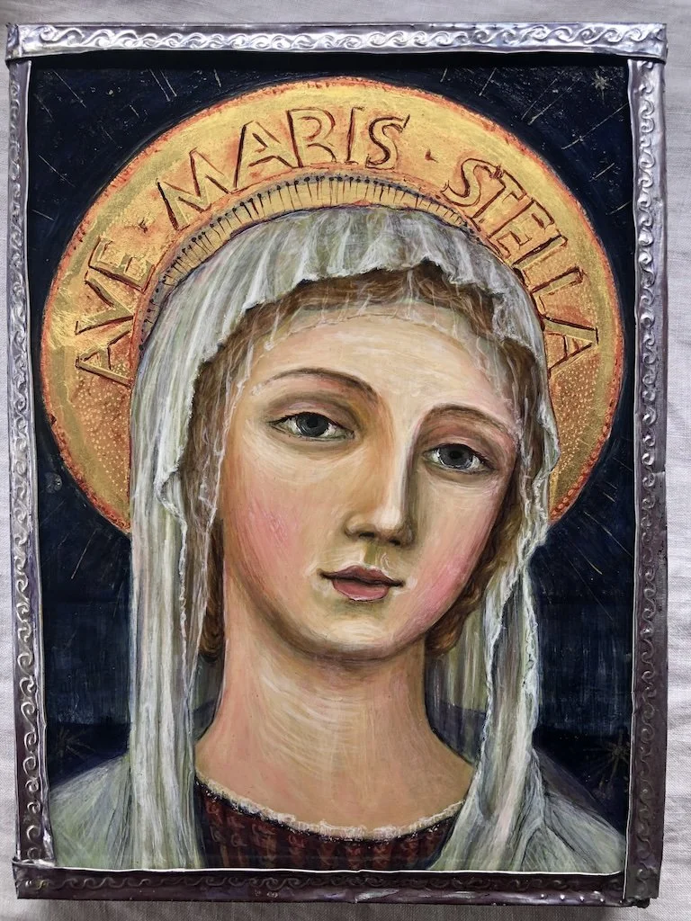 Ave Maris Stell ('Hail Star of the Sea')  (2011): Egg tempera painting on Western Red Cedar with 23 karat gold leaf and sgraffito inscription. 
Hand-made repousse silver metal-sheet frame. 
(Inspired by Matteo di Giovanni c.1475). 
29 x 22 x 2 cm