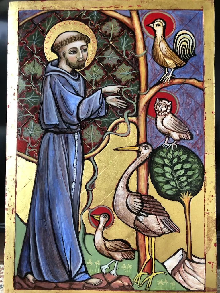 St Francis of Assisi in Paradise (2020): Egg tempera with 23 karat gold leaf on aged Cypress wood. 42 x 29.5 x 1.5cm.