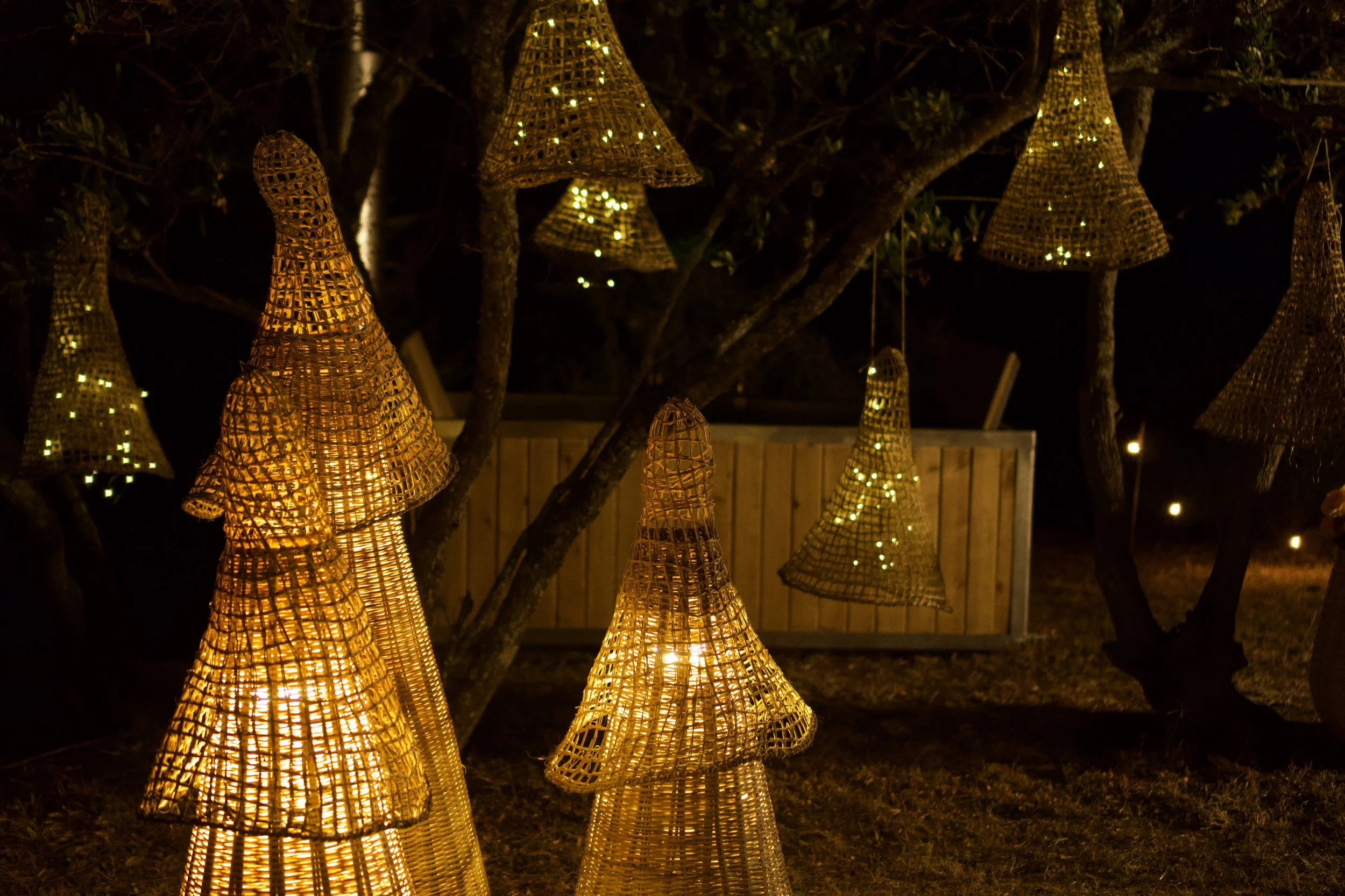 Outdoor scene at night with illuminated woven cone-shaped lanterns hanging from tree branches.