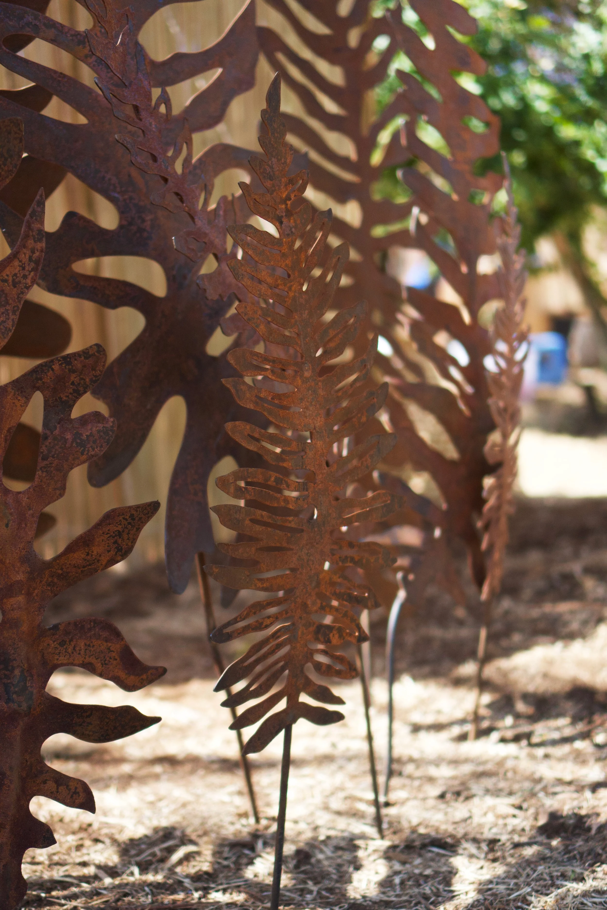 Close-up of rusted metal fern-shaped sculptures outdoors with blurred greenery and wooden background