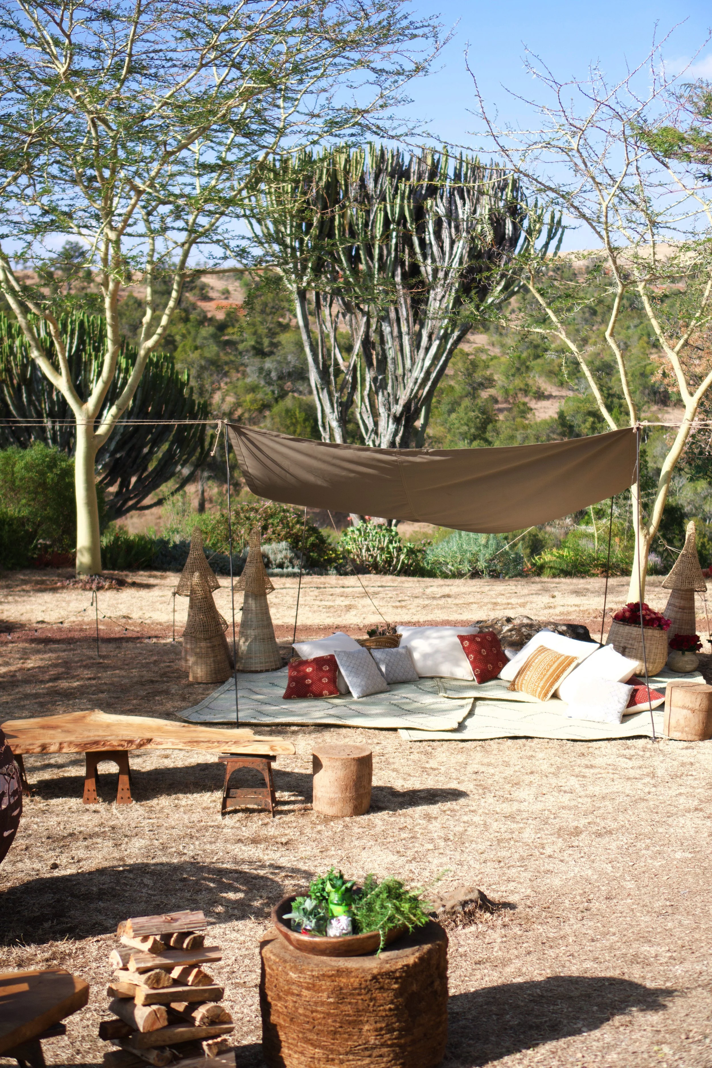 Outdoor desert lounge area with cushions on a woven rug, surrounded by trees, cacti, and decorative lanterns. A shade cloth is suspended overhead, and wooden furniture is visible in the foreground.