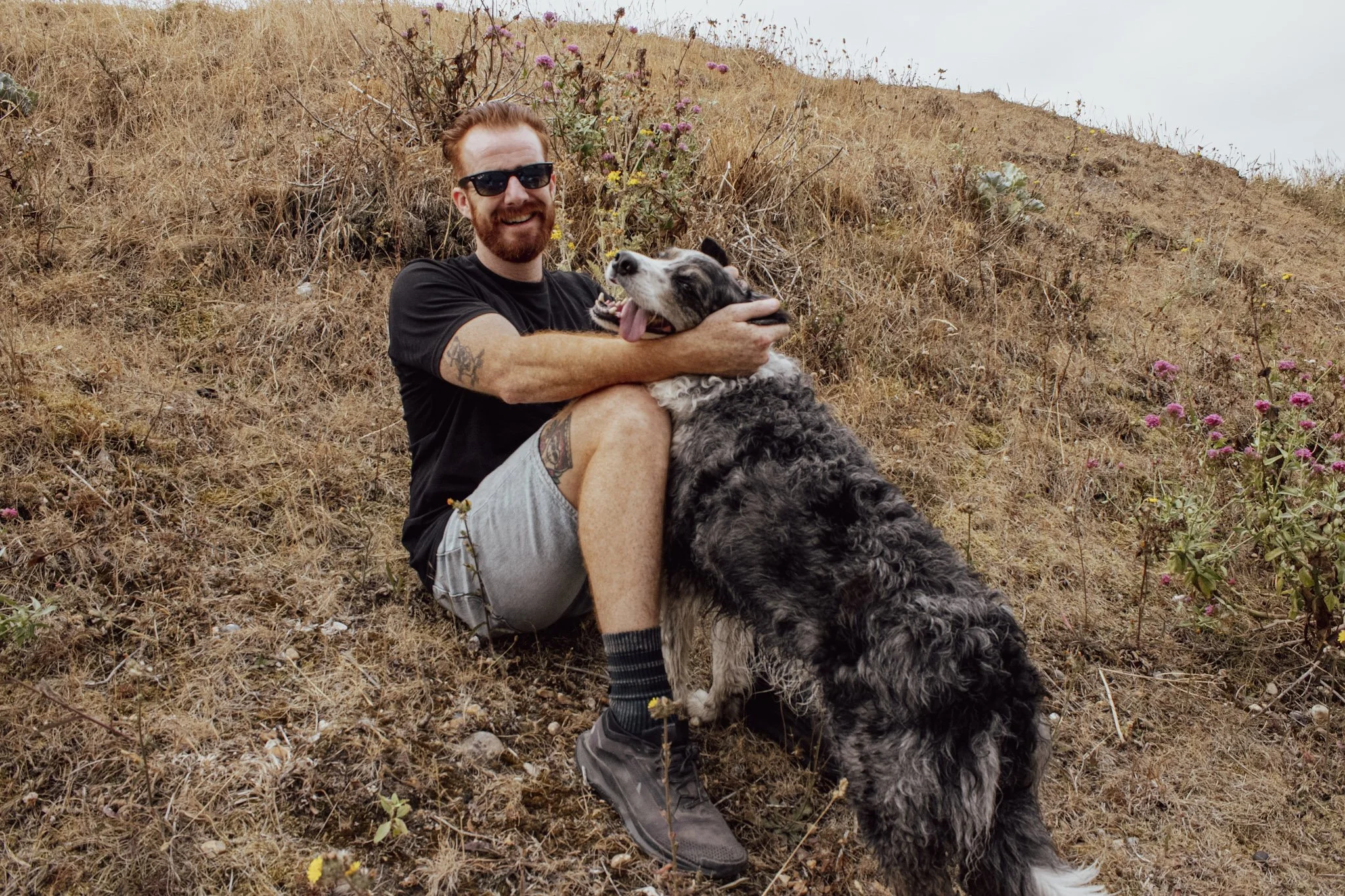 Cam Springett laughing outdoors on a dry grassy hillside, arms around a large grey and white shaggy dog