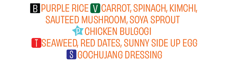 Color-coded list of food ingredients and dish components with labels for each, including purple rice, carrot, spinach, kimchi, sautéed mushroom, soya sprout, chicken bulgogi, seaweed, red dates, sunny side up egg, and gochujang dressing.