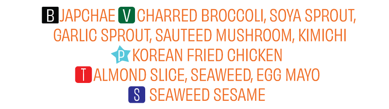 Ingredients list with color-coded labels: black for background, green for vegetables, light blue for protein, red for fruit, and purple for seasoning or condiments.