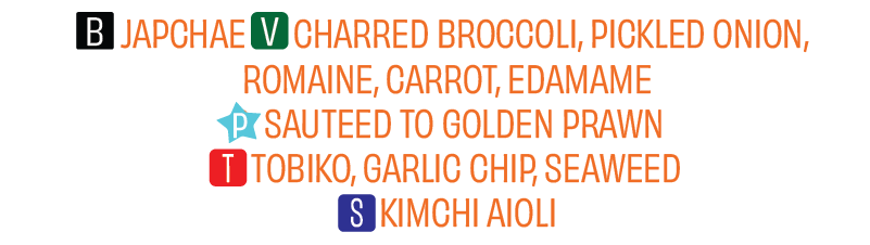 A styled list of ingredients with colored labels for a dish. Black label for 'Japchae,' green for 'Charred Broccoli, Pickled Onion, Romaine, Carrot, Edamame,' orange for 'Sauteed to Golden Prawn,' blue for 'Tobiko, Garlic Chip, Seaweed,' and dark blue for 'Kimchi Aioli.'