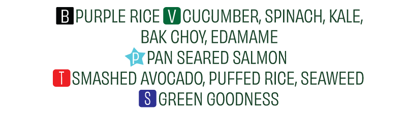 A detailed description of a menu listing various food ingredients, such as purple rice, cucumber, spinach, kale, bak choy, edamame, pan seared salmon, smashed avocado, puffed rice, seaweed, and green goodness.