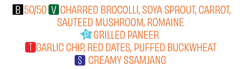 Nutritional labels listing vegetables, grilled paneer, garlic chip, red dates, puffed buckwheat, and creamy ssamjang.
