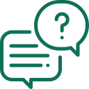 Icon of two speech bubbles, one with a question mark, representing a question or conversation.