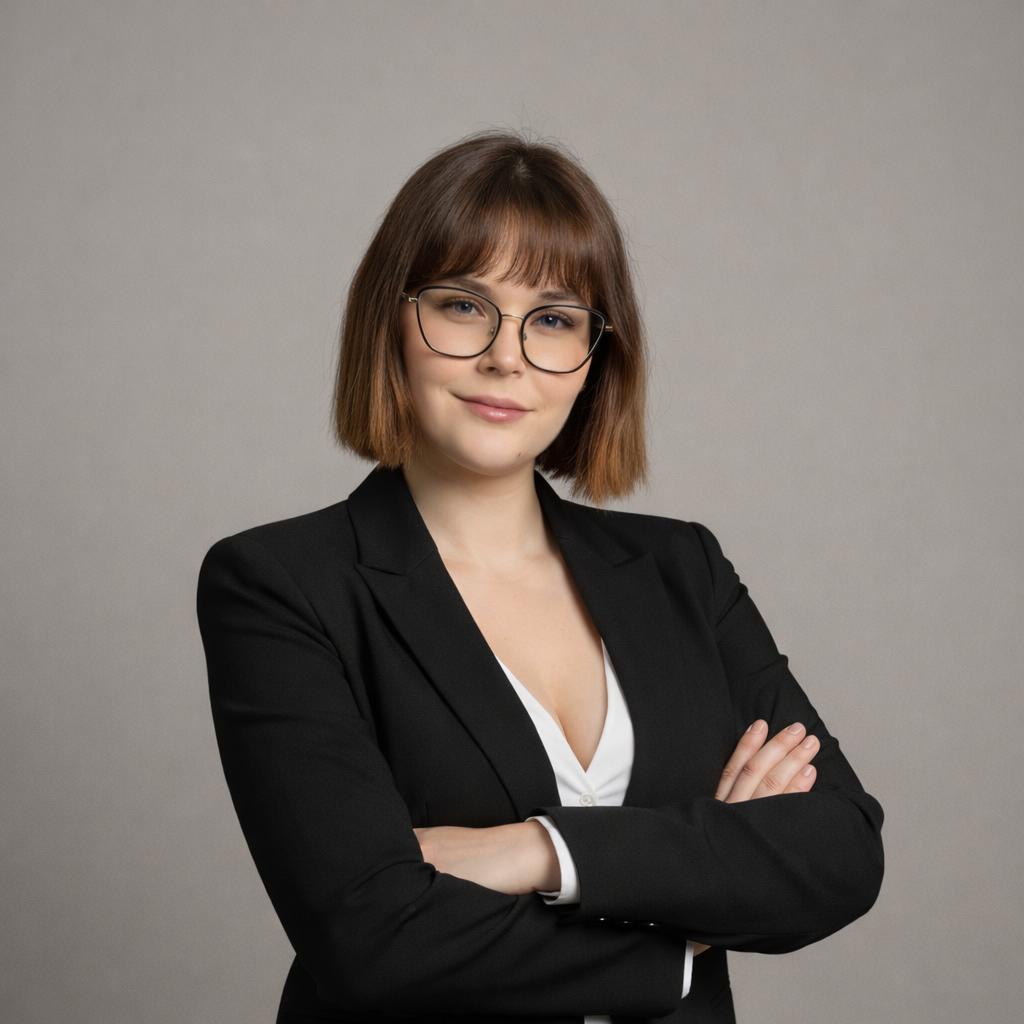 Jeune femme d'affaires avec lunettes, cheveux bruns, coiffure mi-longue, en costume noir et chemise blanche, les bras croisés, expression confiante, pose devant un fond neutre.