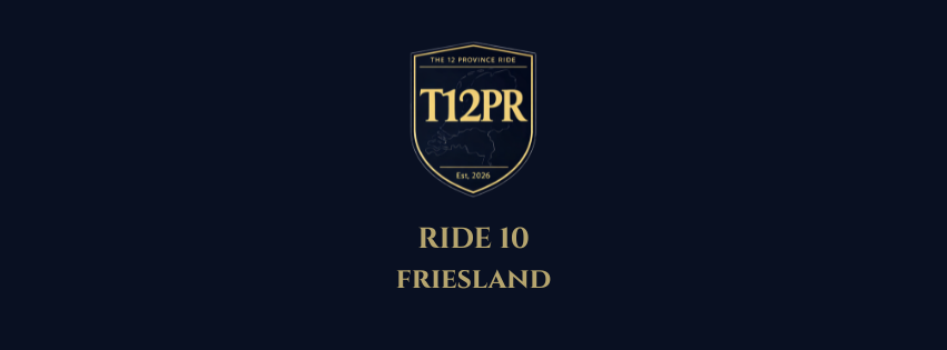 Logo van T12PR met tekst 'Ride 10 Friesland' op een donkere achtergrond.