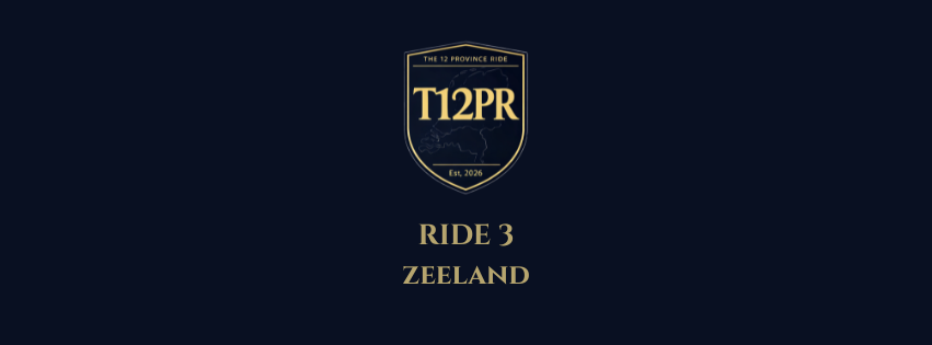 Logo met de tekst 'T12PR', 'The 12 Province Ride', 'Est. 2026', en 'Ride 3 Zeeland' op een donkere achtergrond.