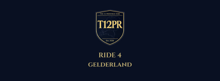 Een logo en tekst op een donkerblauwe achtergrond met goudkleurige letters, voor een evenement genaamd T12PR, ride 4 Gelderland, georganiseerd door The 12 Province Ride.