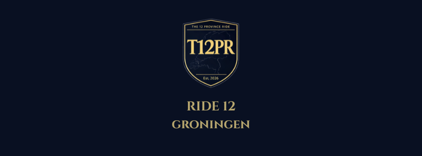Logo met de tekst 'T12PR' en 'Ride 12 Groningen' erop, op een donkere achtergrond.