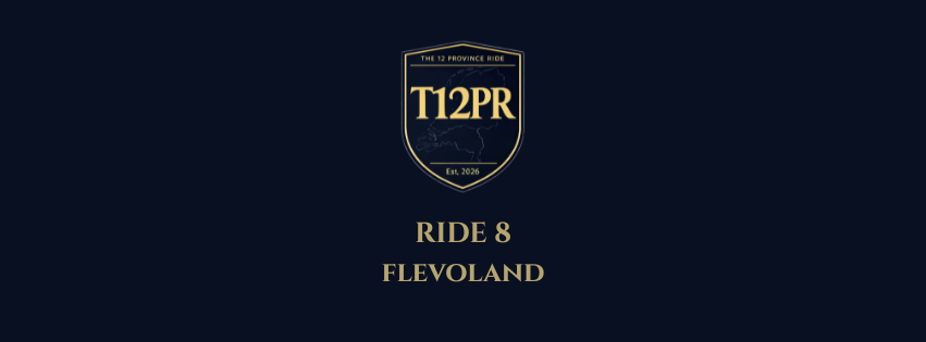 Logo met de tekst 'T12PR', 'The 12 Province Ride', 'Est. 2026', en informatie over 'Ride 8 Flevoland' op een donkerblauwe achtergrond.