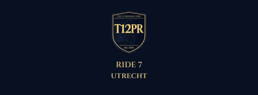 Logo met tekst 'T12PR', 'The 12 Province Ride', en 'Est. 2026', met daarnaast de tekst 'Ride 7 Utrecht'