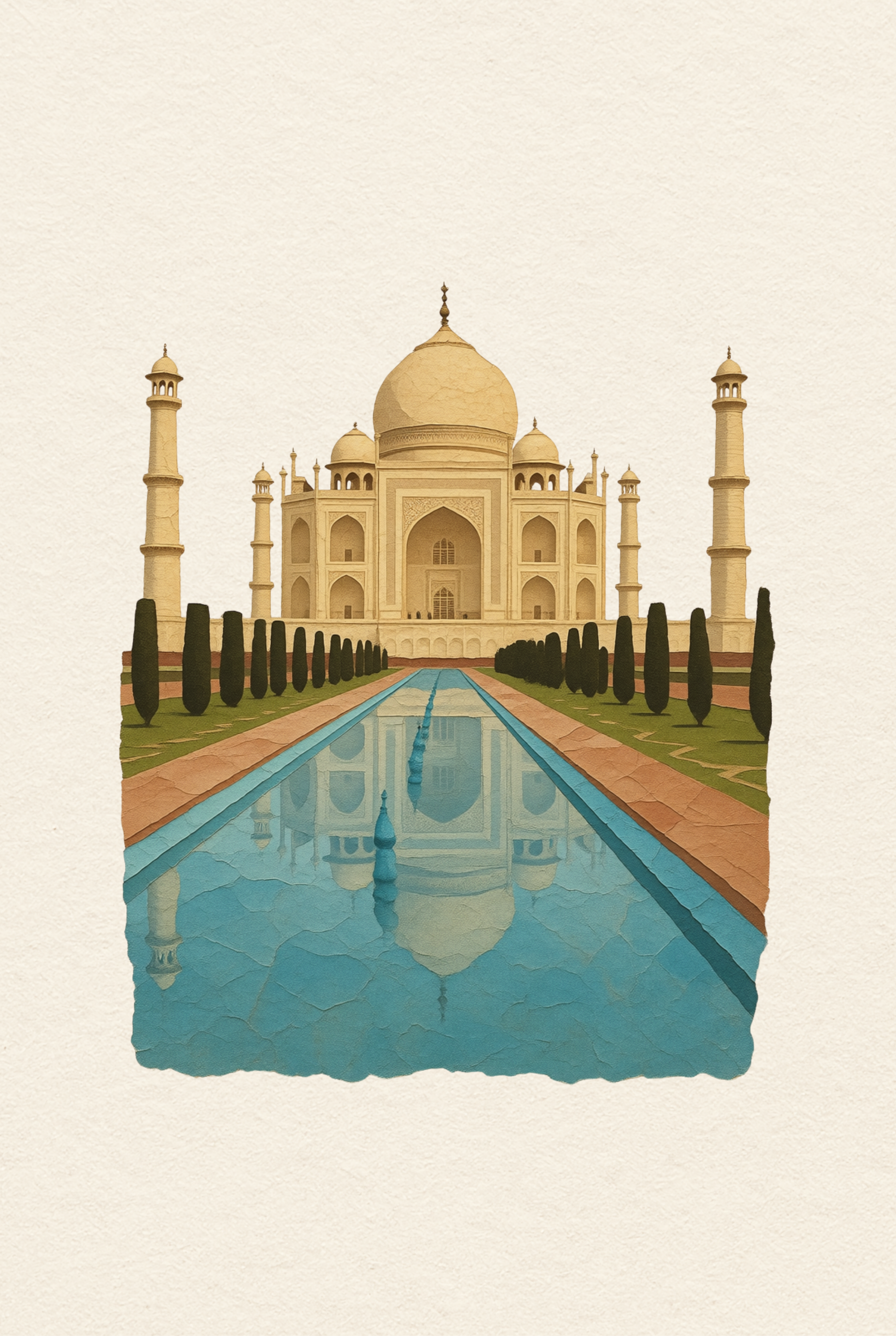 The Taj Mahal, a white marble mausoleum with a central dome and four minarets, is reflected in a rectangular pool with blue water, surrounded by green lawns and trimmed bushes.