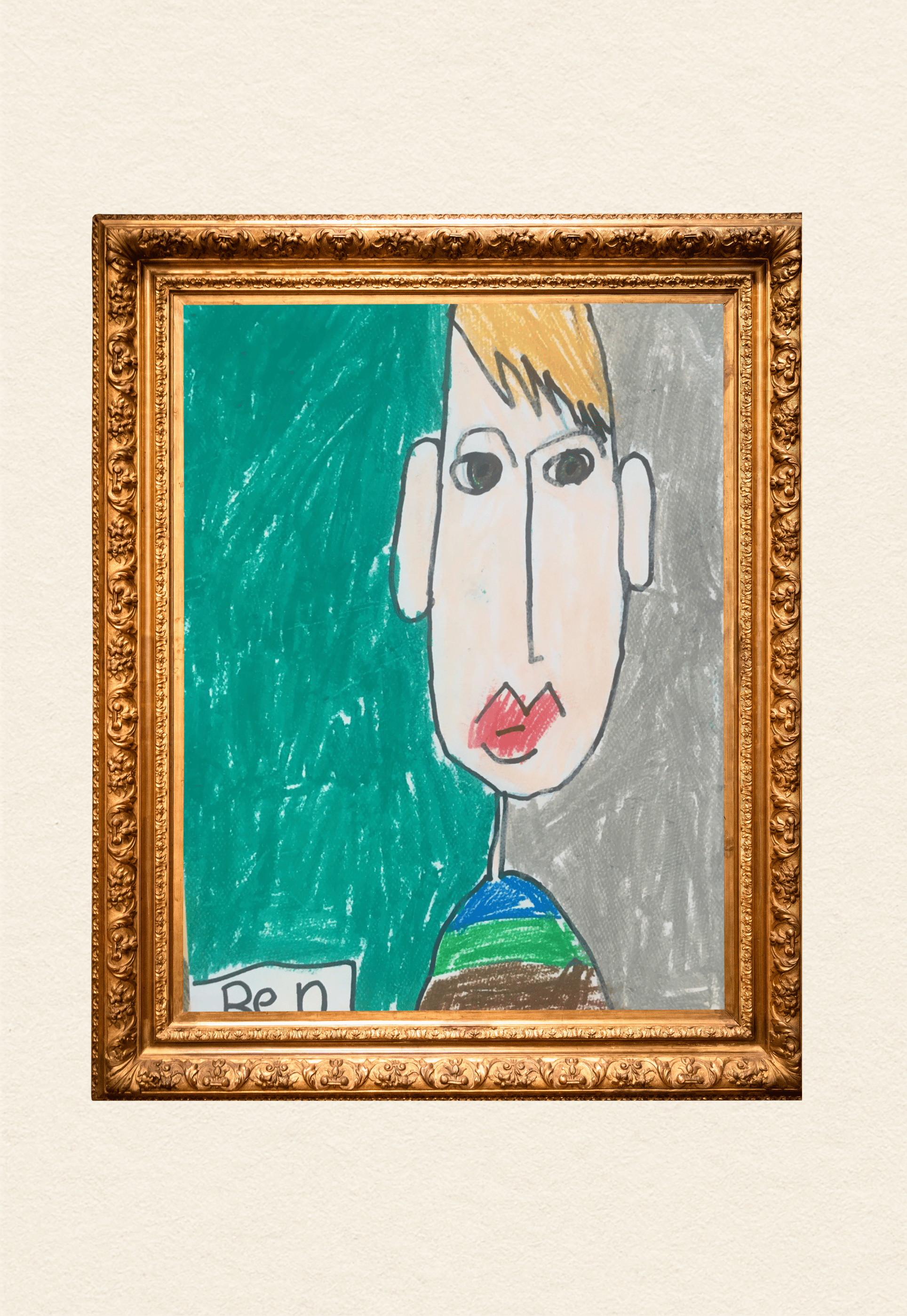 Child's drawing of a person with blonde hair, large eyes, red lips, on a background of blue, green, gray, and brown colors, framed in an ornate gold frame.