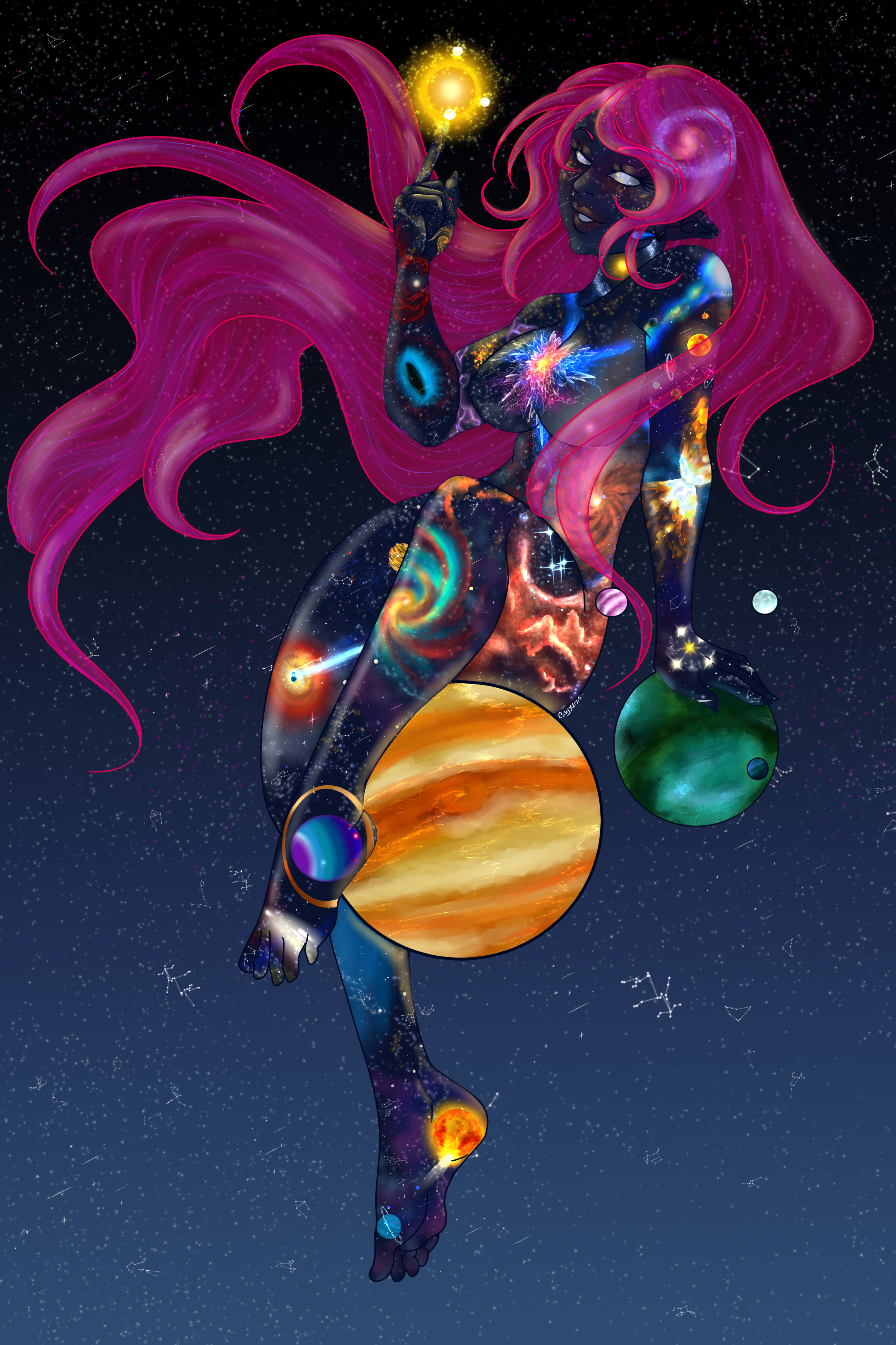 A digital artwork of a female cosmic deity with long pink hair, surrounded by stars and planets. Her body is decorated with galaxy and nebula patterns, and she is holding a glowing yellow orb in her raised hand.