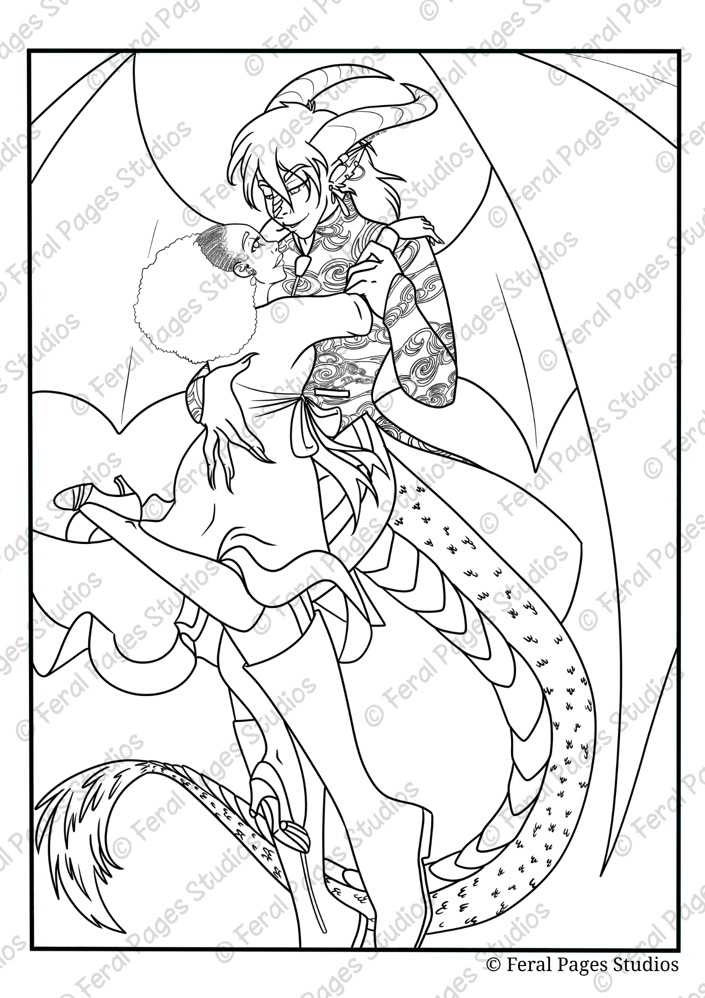 A line drawing of a fantasy scene featuring a dragon with scales and antlers, and a humanoid figure with animal-like features, holding an umbrella, in an embrace.