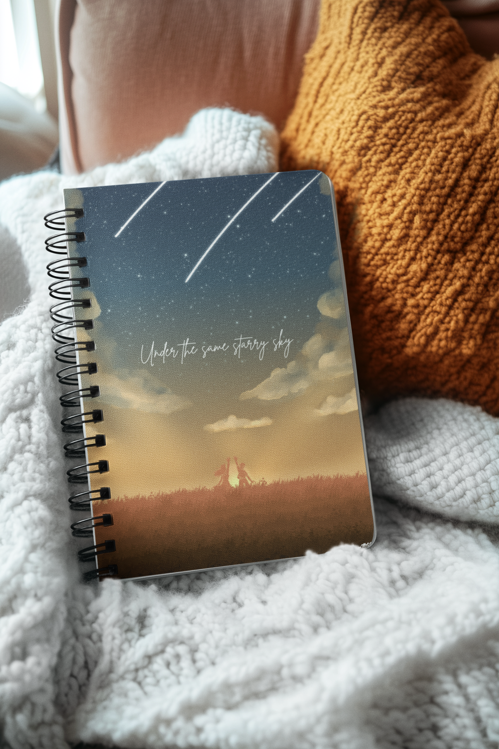 A spiral-bound notebook resting on a cozy, white textured blanket, with a brown knitted pillow and a white pillow in the background. The cover of the notebook features a starry sky with shooting stars and the phrase 'Under the same starry sky' writte