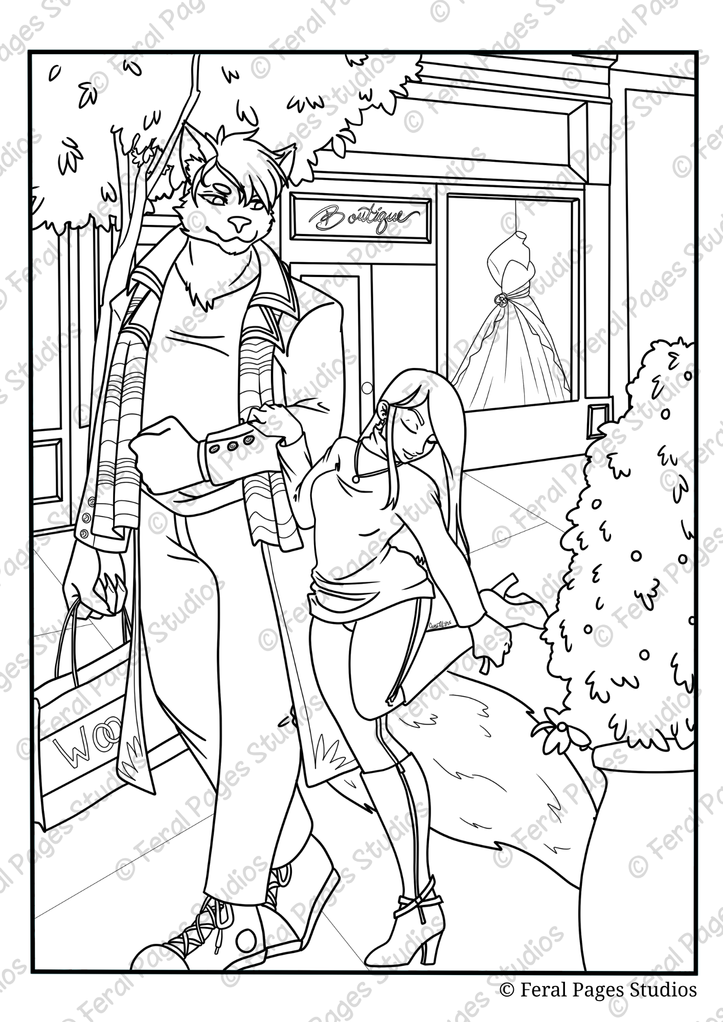 A black and white line drawing of two anthropomorphic characters walking down a city sidewalk, with shops and a mannequin displaying a dress in the background. The taller character has feline features and is wearing casual clothing, while the shorter
