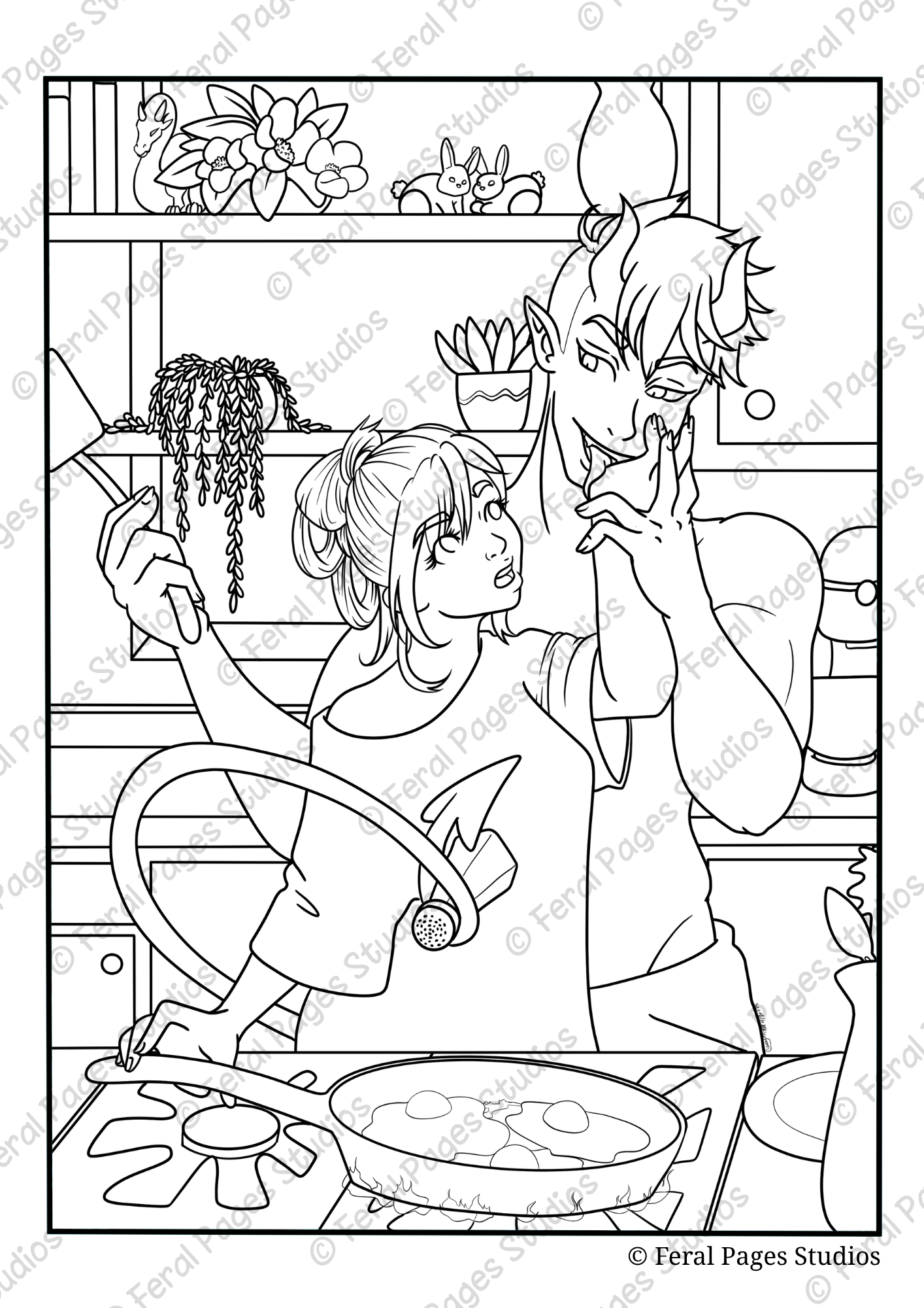 A young woman and an adult demon with horns and pointed ears cooking together in a kitchen. The woman is stirring a pan on the stove while the demon playfully poses with his finger, and they are smiling at each other. The background features shelves 