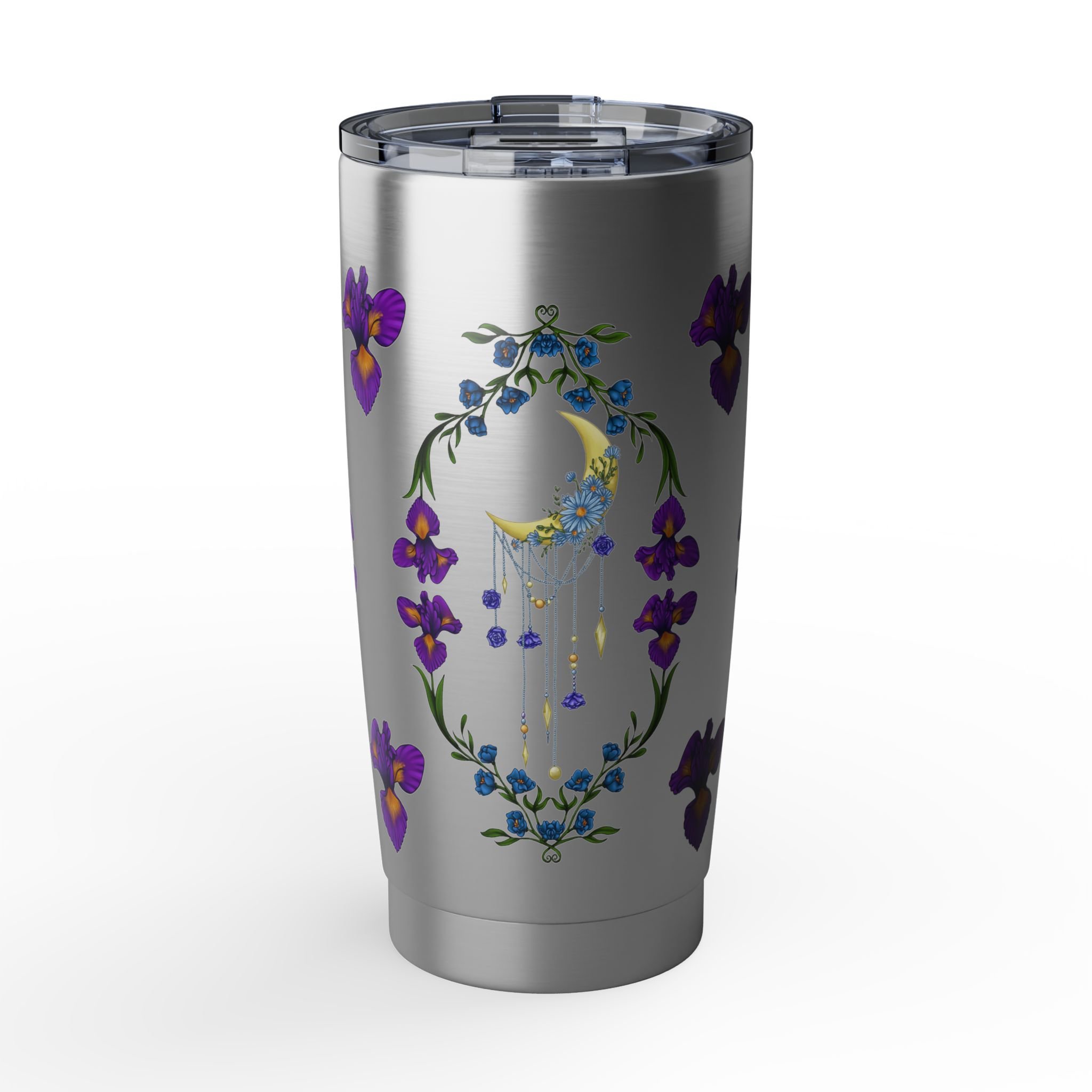 Hand-illustrated iris and crescent moon 20oz stainless steel tumbler. Insulated, spill-resistant, and built for people who want their everyday things to feel magical.