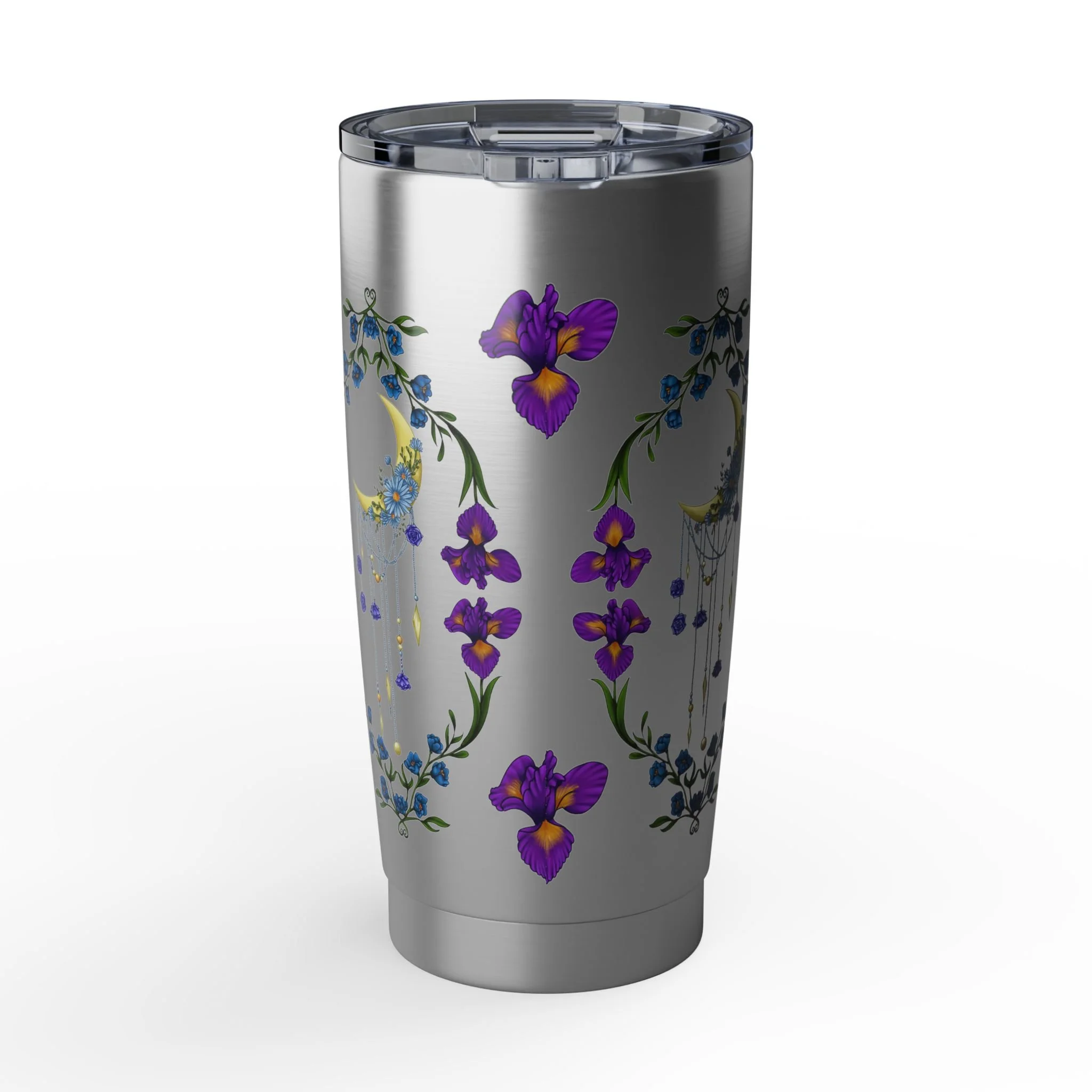 Hand-illustrated iris and crescent moon 20oz stainless steel tumbler. Insulated, spill-resistant, and built for people who want their everyday things to feel magical.
