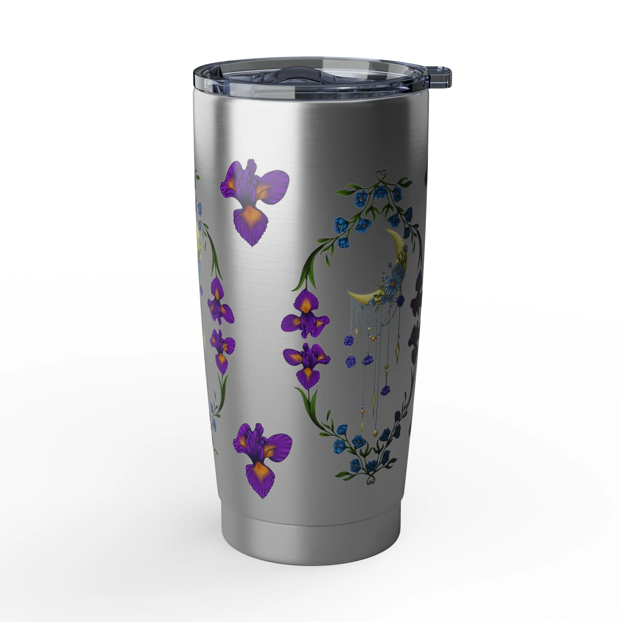 Hand-illustrated iris and crescent moon 20oz stainless steel tumbler. Insulated, spill-resistant, and built for people who want their everyday things to feel magical.
