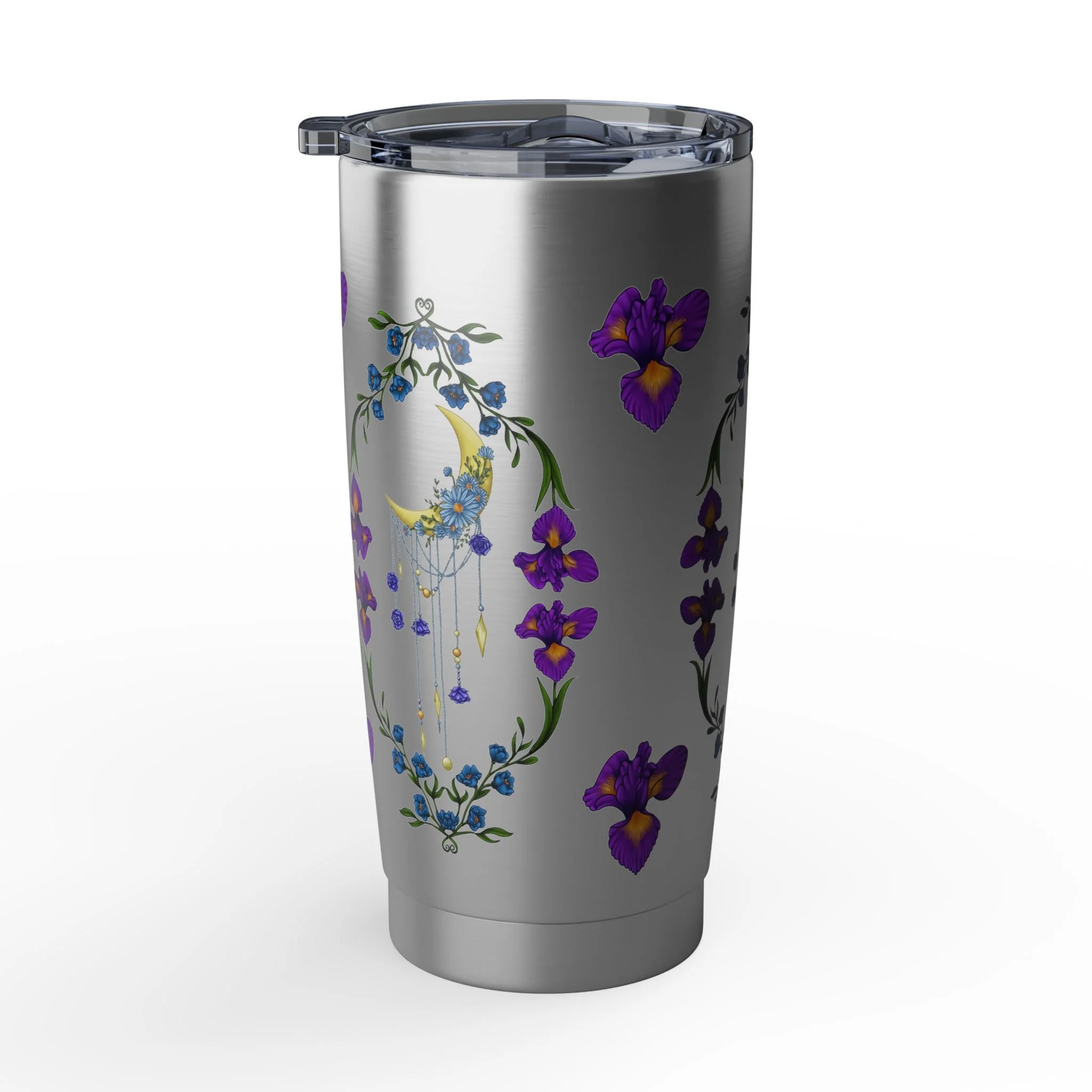 Hand-illustrated iris and crescent moon 20oz stainless steel tumbler. Insulated, spill-resistant, and built for people who want their everyday things to feel magical.