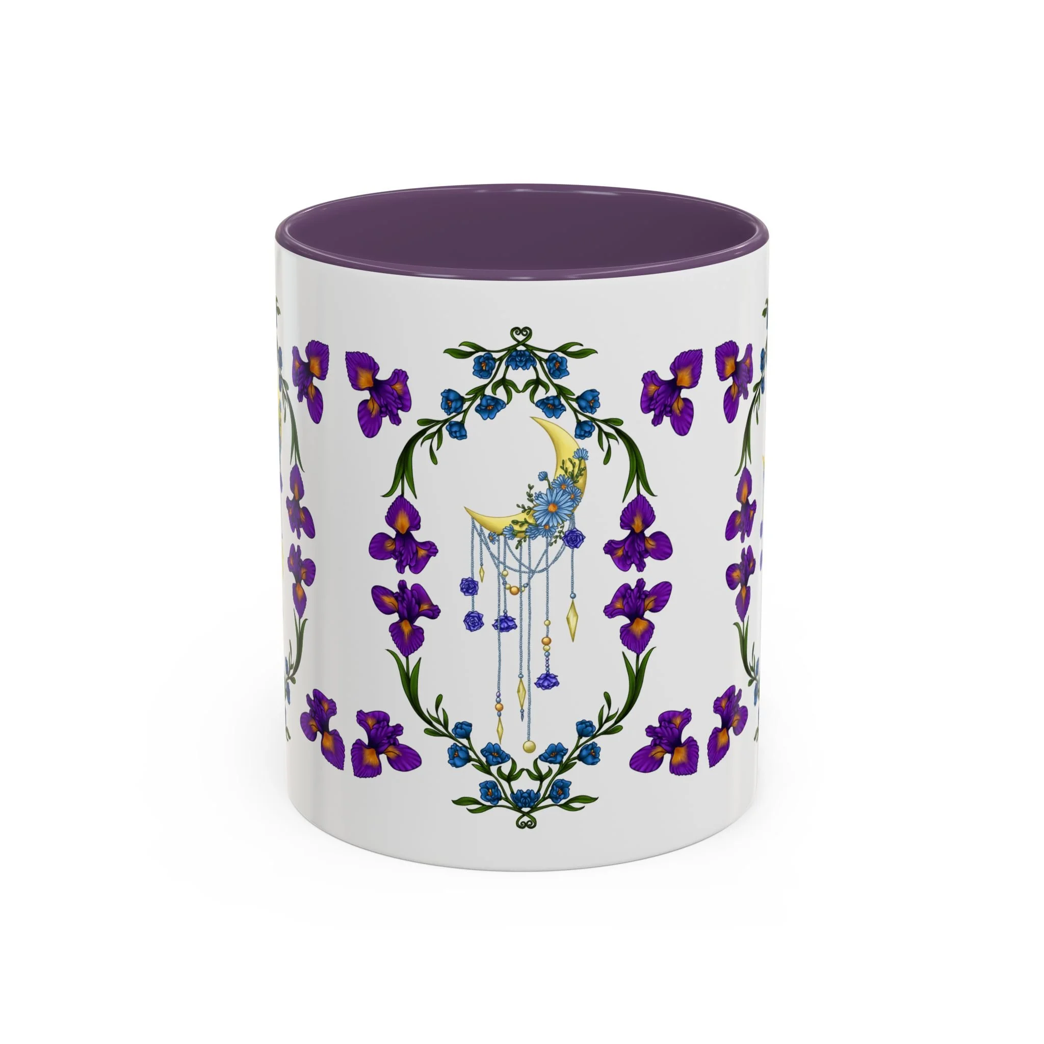 Hand-illustrated iris and crescent moon accent mug in 11oz or 15oz. White ceramic with bold colored handle, celestial art for your everyday coffee ritual.