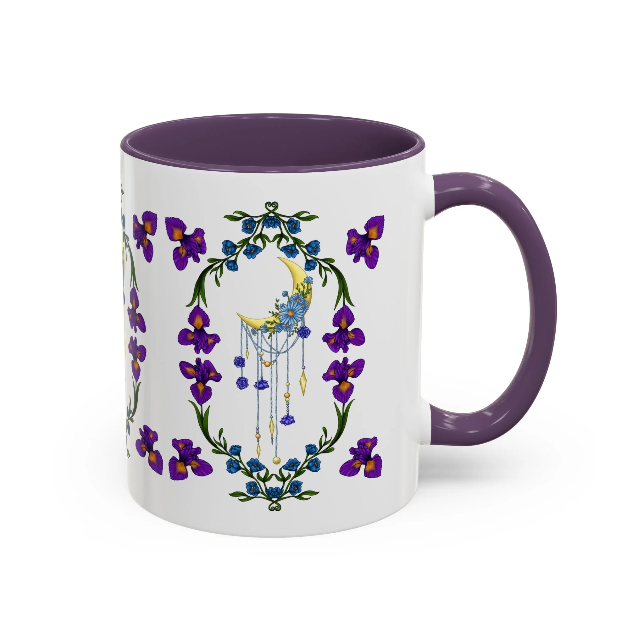 Hand-illustrated iris and crescent moon accent mug in 11oz or 15oz. White ceramic with bold colored handle, celestial art for your everyday coffee ritual.