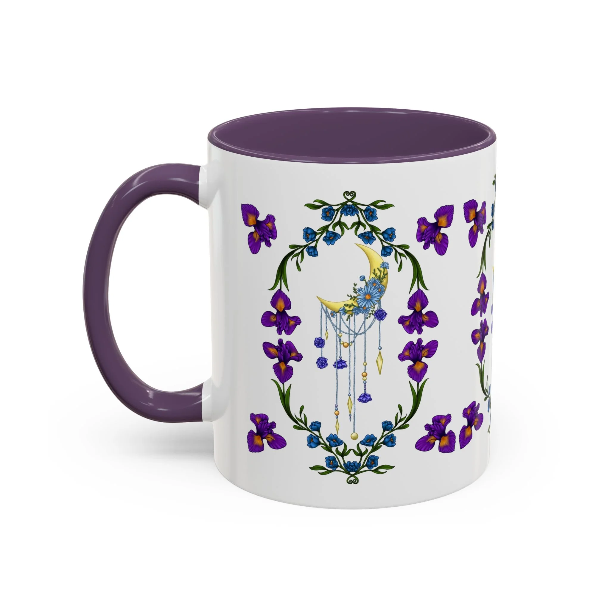 Hand-illustrated iris and crescent moon accent mug in 11oz or 15oz. White ceramic with bold colored handle, celestial art for your everyday coffee ritual.