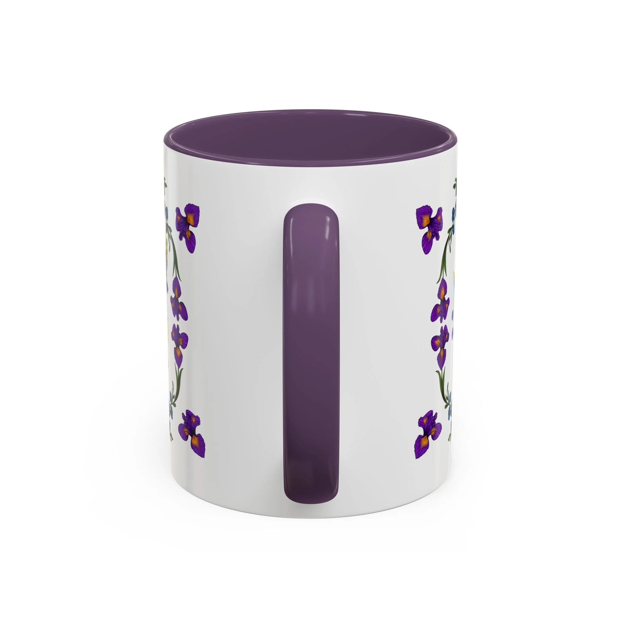 Hand-illustrated iris and crescent moon accent mug in 11oz or 15oz. White ceramic with bold colored handle, celestial art for your everyday coffee ritual.
