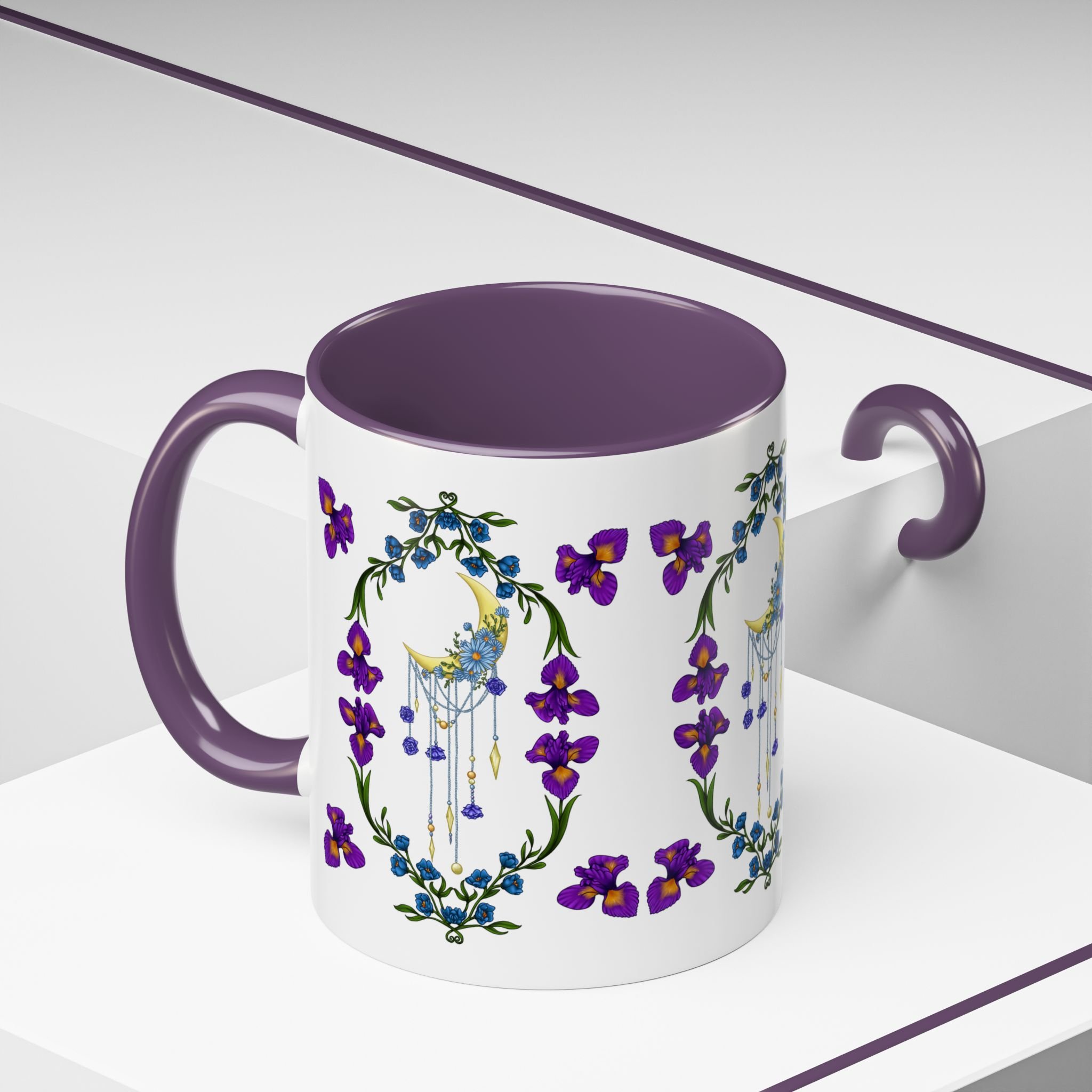 Hand-illustrated iris and crescent moon accent mug in 11oz or 15oz. White ceramic with bold colored handle, celestial art for your everyday coffee ritual.