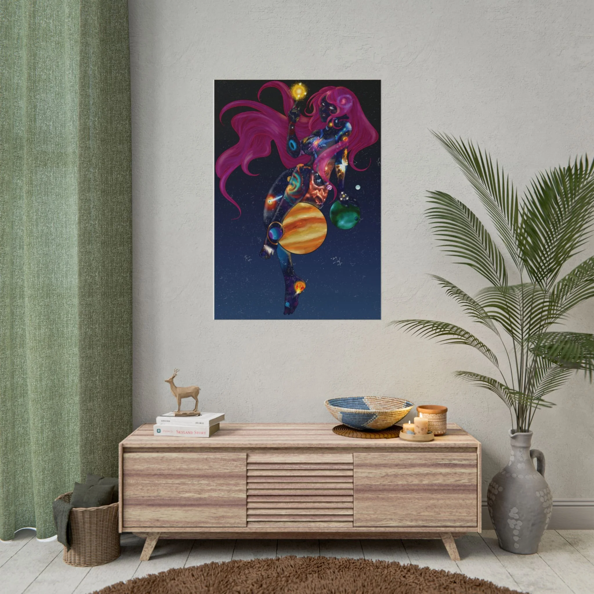 A modern wooden sideboard with a striped design, topped with decorative bowls, candles, and books, against a wall with a colorful cosmic art poster of a pink-haired, galaxy-themed woman, accompanied by a potted palm and vases, on a wooden floor with 