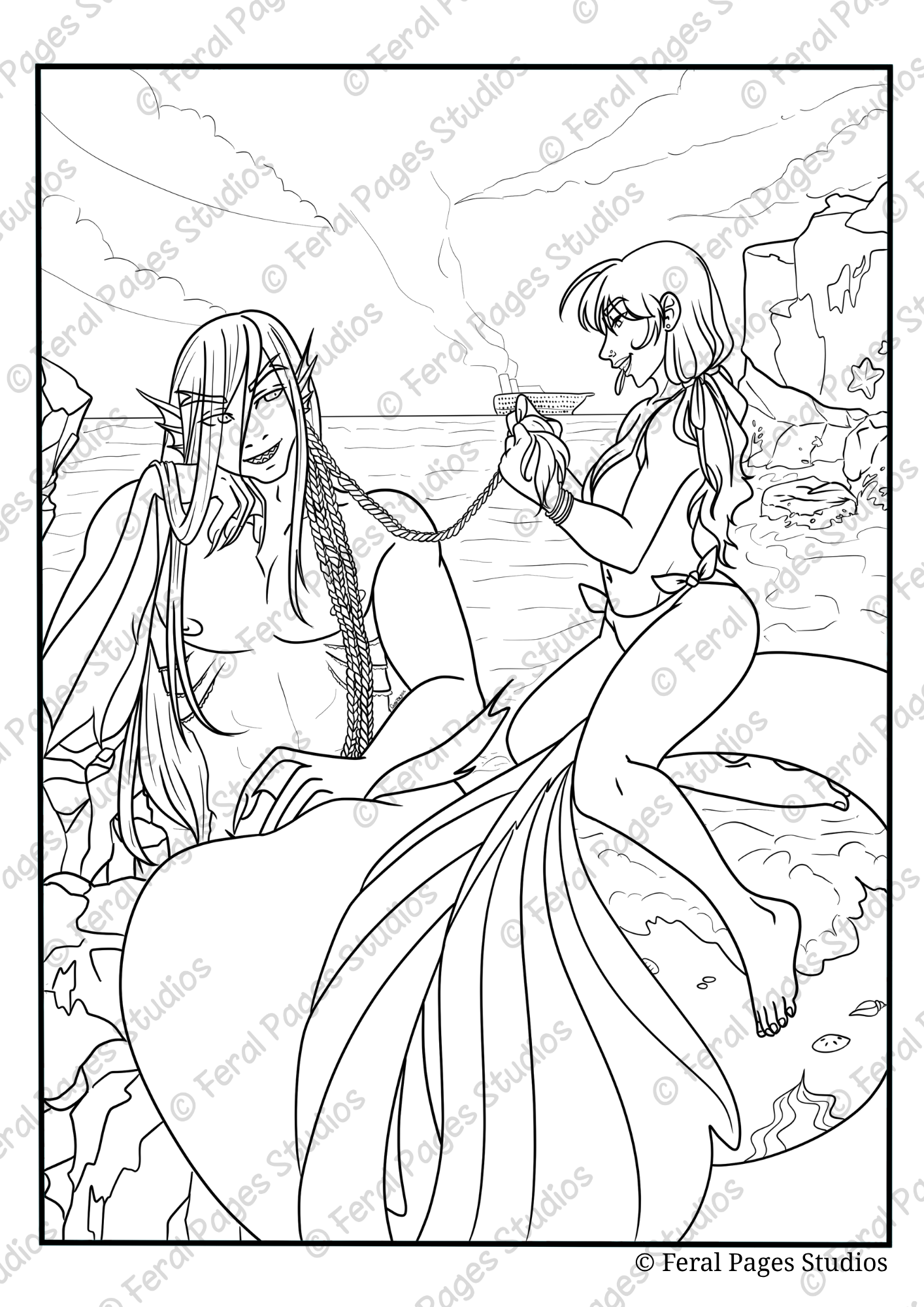 A mermaid with long, braided hair is sitting on the shore near rocks, smiling with a hand near her face. Another mermaid with long hair, sitting on a rock, is holding a pearl necklace, sticking her tongue out. The ocean and a ship with smoke rising f